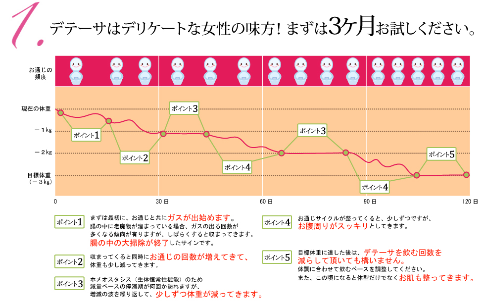 1.デテーサはデリケートな女性の味方！まずは3カ月間お試しください。