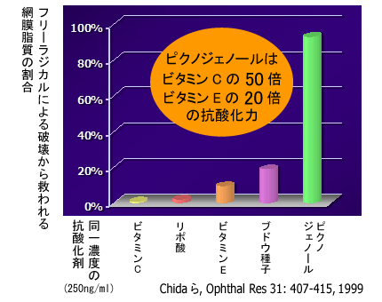 ピクノジェノールはビタミンCの50倍、ビタミンEの20倍の抗酸化力