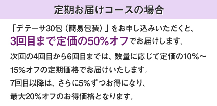定期お届けコースの場合 「デテーサ30包(簡易包装)」をお申し込みいただくと、3回目まで定価の50%オフでお届けします。次回の4回目から6回目までは、数量に応じて定価の10%?15%オフの定期価格でお届けいたします。7回目以降は、さらに5%ずつお得になり、最大20%オフのお得価格となります。
