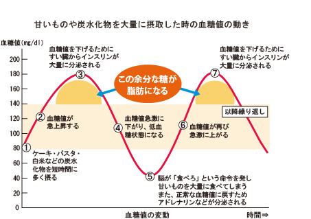 甘いものや炭水化物を大量に摂取した時の血糖値の動き